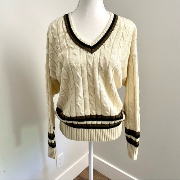 Vintage Preppy Cream Cable Knit Varsity Academia V Neck Sweater - Picture 3 of 8